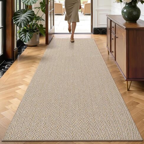 LUMI Ultra Thin Runner Rug for Hallway 2'x6', Non-Slip Entryway Rug with Rubber Backing, Unique Herringbone Design for Hallway, Entry, Kitchen, Patio, Beige in Saudi Arabia