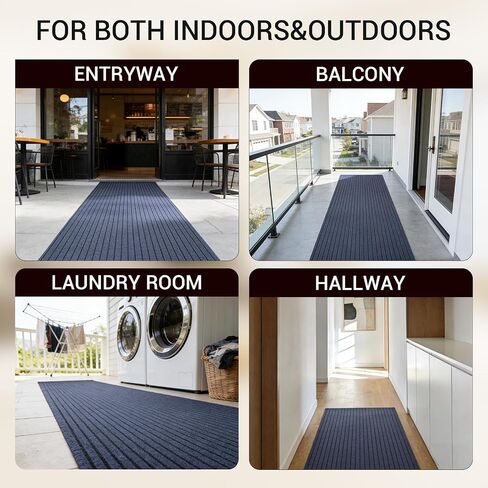 Stripe Runner Rug 3 x 15 ft Indoor Outdoor, Gray Non Slip Rubber Backing, Waterproof Low Profile Area Runner for Hallway, Entryway, Kitchen, Patio, Garage, Stairs & Laundry in Kuwait