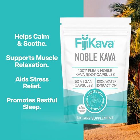 FijiKava Noble Kava Kava Capsules, 600mg Kavalactones Per Serving, Natural Relaxation & Sleep Support Supplement, Vegan & Non-GMO, 60-Count, Premium Piper Methysticum Extract for Calm & Stress Relief in Saudi Arabia