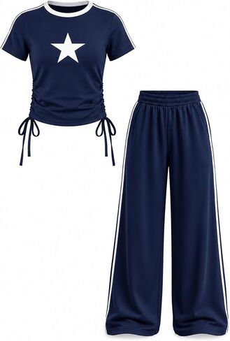 Girls 2 Piece Outfits Ruched Drawstring Tops and Wide Leg Pants Active Clothes Set 8-14 Years in Saudi Arabia