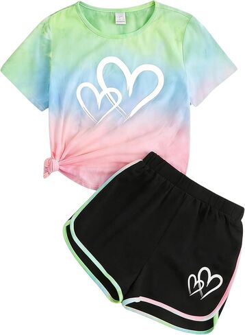 Tween Girls Clothes Summer Short Sleeve T-Shirt and Shorts Set Casual Two Pieces Outfit Size 8 13 in Kuwait