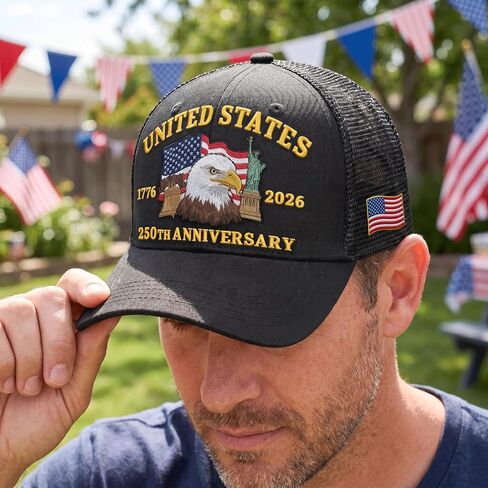 Hyturlte 250 Anniversary USA Hat Embroidered Patriots Eagle Trucker Cap with Keychain, 250th Anniversary Mesh Back Cap for Men Women, Adjustable America 250 Patriotic Hat in Saudi Arabia