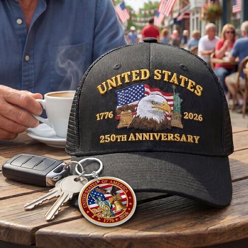 Hyturlte 250 Anniversary USA Hat Embroidered Patriots Eagle Trucker Cap with Keychain, 250th Anniversary Mesh Back Cap for Men Women, Adjustable America 250 Patriotic Hat in Saudi Arabia