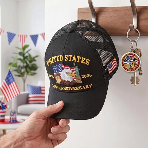 Hyturlte 250 Anniversary USA Hat Embroidered Patriots Eagle Trucker Cap with Keychain, 250th Anniversary Mesh Back Cap for Men Women, Adjustable America 250 Patriotic Hat in Saudi Arabia