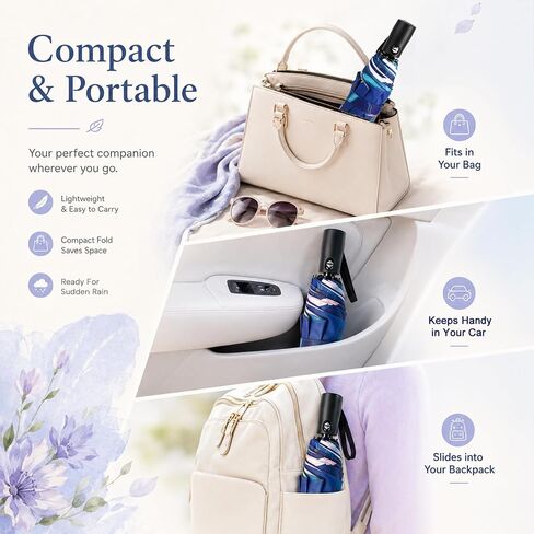 Lejorain Compact Travel Umbrella for Women - 46 Inch Portable Floral Umbrella Auto Open Close Folding Windproof Umbrellas for Purse, Car, Backpack & Travel in Saudi Arabia
