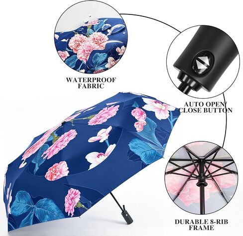 Lejorain Compact Travel Umbrella for Women - 46 Inch Portable Floral Umbrella Auto Open Close Folding Windproof Umbrellas for Purse, Car, Backpack & Travel in Saudi Arabia