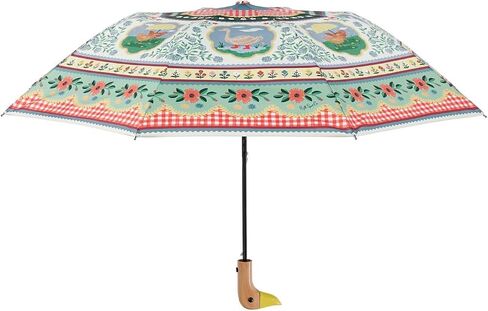 RIFLE PAPER CO. Home Sweet Home Pattern Umbrella, Includes Matching Storage Sleeve, Portable 11" Fold Up Size, Auto Open Feature, Classic Wooden Duck Handle, Printed in Full Color in Kuwait