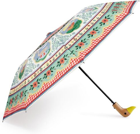 RIFLE PAPER CO. Home Sweet Home Pattern Umbrella, Includes Matching Storage Sleeve, Portable 11" Fold Up Size, Auto Open Feature, Classic Wooden Duck Handle, Printed in Full Color in Kuwait
