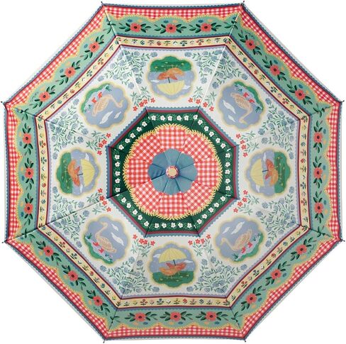 RIFLE PAPER CO. Home Sweet Home Pattern Umbrella, Includes Matching Storage Sleeve, Portable 11" Fold Up Size, Auto Open Feature, Classic Wooden Duck Handle, Printed in Full Color in Kuwait