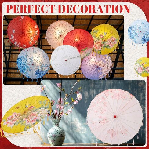 8 Pcs Chinese Oil Paper Umbrellas with Tassels 32 Inch Silk Oriental Japanese Parasol Chinese Art Asian Style for Happy Wedding New Year Party Photography Costume Cosplay Decoration in Kuwait
