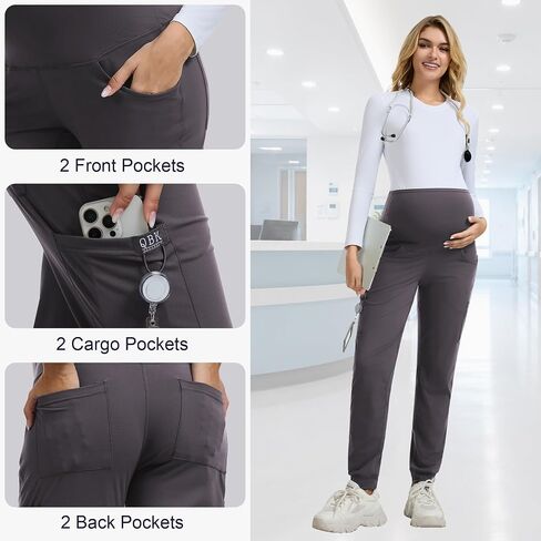 QBK Maternity Jogger Scrub Pants for Women, High-Rise Stretch Belly Panel, Pregnancy Work Uniform Pants with 6 Pockets in Kuwait