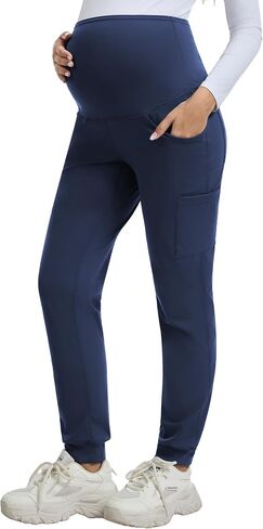 QBK Maternity Jogger Scrub Pants for Women, High-Rise Stretch Belly Panel, Pregnancy Work Uniform Pants with 6 Pockets in Kuwait