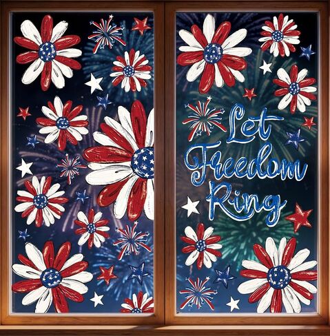 Patriotic Window Clings Red Blue Daisy Stars Fireworks Let Freedom Ring Window Stickers Double-Side Flower Glass Decals for Memorial Day Veterans Day Decor,6 Sheets in Saudi Arabia