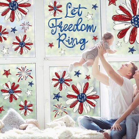 Patriotic Window Clings Red Blue Daisy Stars Fireworks Let Freedom Ring Window Stickers Double-Side Flower Glass Decals for Memorial Day Veterans Day Decor,6 Sheets in Saudi Arabia