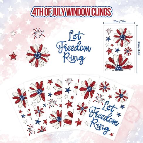 Patriotic Window Clings Red Blue Daisy Stars Fireworks Let Freedom Ring Window Stickers Double-Side Flower Glass Decals for Memorial Day Veterans Day Decor,6 Sheets in Saudi Arabia