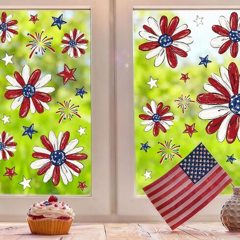 Patriotic Window Clings Red Blue Daisy Stars Fireworks Let Freedom Ring Window Stickers Double-Side Flower Glass Decals for Memorial Day Veterans Day Decor,6 Sheets in Saudi Arabia
