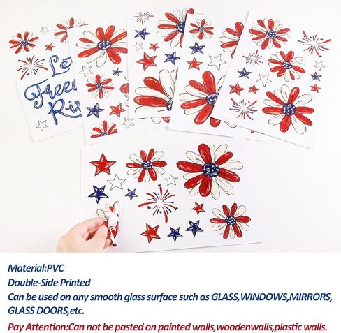Patriotic Window Clings Red Blue Daisy Stars Fireworks Let Freedom Ring Window Stickers Double-Side Flower Glass Decals for Memorial Day Veterans Day Decor,6 Sheets in Saudi Arabia