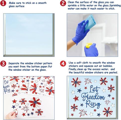 Patriotic Window Clings Red Blue Daisy Stars Fireworks Let Freedom Ring Window Stickers Double-Side Flower Glass Decals for Memorial Day Veterans Day Decor,6 Sheets in Saudi Arabia