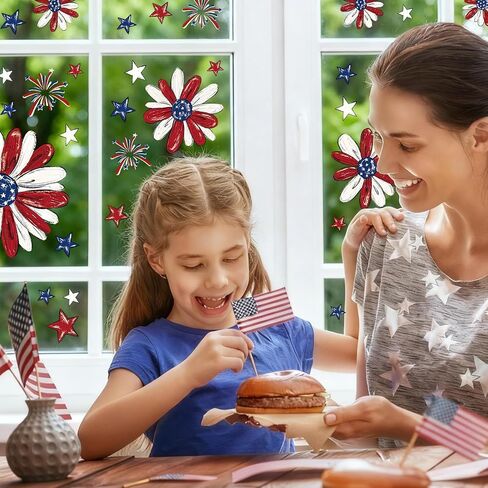 Patriotic Window Clings Red Blue Daisy Stars Fireworks Let Freedom Ring Window Stickers Double-Side Flower Glass Decals for Memorial Day Veterans Day Decor,6 Sheets in Saudi Arabia