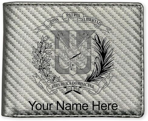 LaserGram Faux Leather Bi-Fold Wallet, Coat of Arms Dominican Republic, Personalized Engraving Included (Black with Silver) in Kuwait