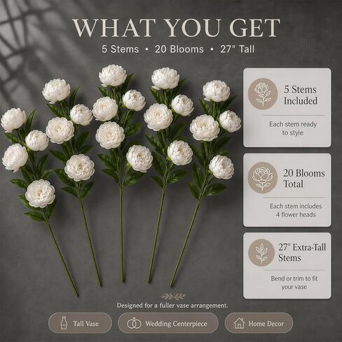 Fake Flowers 5pcs Artificial Peonies 20 Blooms, with 27 Inch UV Resistant Tall Silk Floral Bouquet for Floor Vase & Wedding Centerpieces, Bendable Floral Stems Faux Flowers for Home Decor in Saudi Arabia