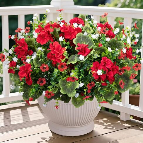 Ouddy Decor 18'' Artificial Geraniums Flowers for Outdoors, 10 Bundles Mixed Fake Silk Flowers Plastic Plants UV Resistant for Summer Garden Porch Patio Planter Kitchen Table Home Decor, Red in Kuwait