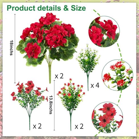 Ouddy Decor 18'' Artificial Geraniums Flowers for Outdoors, 10 Bundles Mixed Fake Silk Flowers Plastic Plants UV Resistant for Summer Garden Porch Patio Planter Kitchen Table Home Decor, Red in Kuwait
