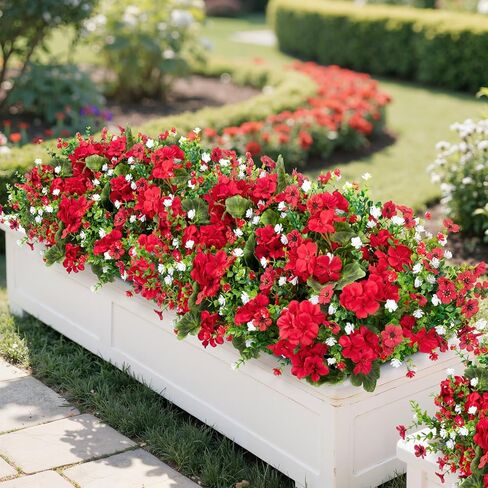 Ouddy Decor 18'' Artificial Geraniums Flowers for Outdoors, 10 Bundles Mixed Fake Silk Flowers Plastic Plants UV Resistant for Summer Garden Porch Patio Planter Kitchen Table Home Decor, Red in Kuwait