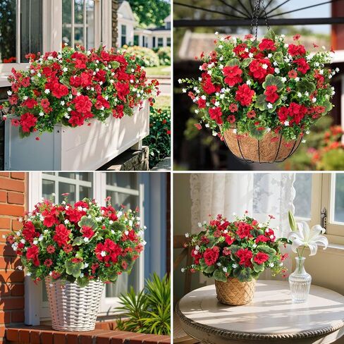 Ouddy Decor 18'' Artificial Geraniums Flowers for Outdoors, 10 Bundles Mixed Fake Silk Flowers Plastic Plants UV Resistant for Summer Garden Porch Patio Planter Kitchen Table Home Decor, Red in Kuwait