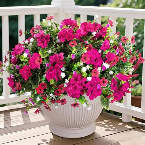 Ouddy Decor 18'' Artificial Geraniums Flowers for Outdoors, 10 Bundles Mixed Fake Silk Flowers Plastic Plants UV Resistant for Summer Garden Porch Patio Planter Kitchen Table Home Decor, Red in Kuwait