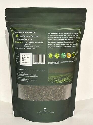 CLASSIC ASSAM GREEN TEA, Green Tea, Loose Leaf (250g/8.81oz)/100 Cups | Non-GMO, 100% Pure Organic Green Tea Leaves Sourced from Lush Brahmaputra Valley in the Himalayan Foothills, Assam, India | Resealable Ziplock Pouch in Saudi Arabia