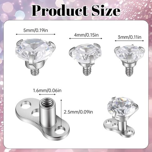14G Dermal Anchor Tops with Base – Microdermals Piercing Jewelry Set | 316L Surgical Steel Internally Threaded Surface Piercing Studs with Shiny Cubic Zirconia for Women Men (3Pcs) in Saudi Arabia