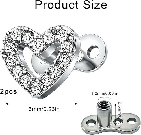 2 PCS Heart Dermal Jewelry 14G, Heart Back Dermal Piercing Jewelry, Internally Threaded Studs Dermals Tops Silver Dermals Piercings Body Piercings Jewelrys for Women Men in Saudi Arabia