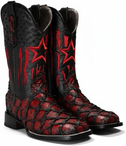 Joe Boots Men’s Monster Fish Pirarucu Western Cowboy Boot – Red & Black Exotic Leather Print, 10" Patriotic Shaft Design, Leather Sole, in Saudi Arabia