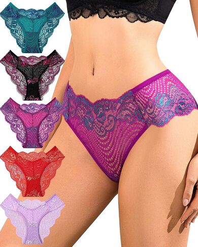 SIONCY Sexy Lace Bikini Underwear for Women High Cut Cheeky Panties Low Rise Scalloped Edge Breathable Undies 5 Pack in Saudi Arabia