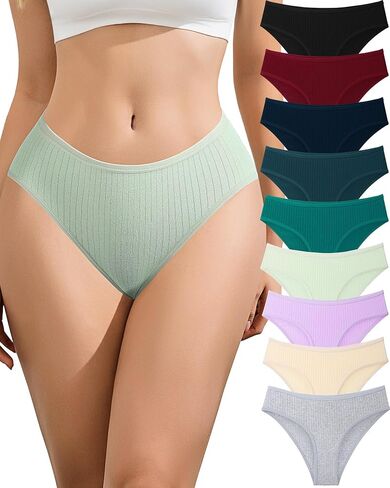 SIONCY Cotton Underwear for Women Sexy Cheeky Bikini Panties Soft Low Waist Ribbed Hipster Breathable Stretch Briefs 9 Pack in Kuwait