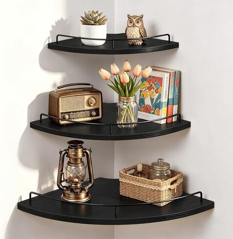 Homode Corner Shelf Wall Mounted Set of 3, Corner Floating Shelves 9/10/12 Inch Deep, Wood Round Corner Hanging Display Shelf with Guardrail for Bathroom Bedroom Kitchen Living Room, Rustic Brown in Saudi Arabia