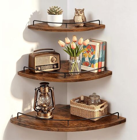 Homode Corner Shelf Wall Mounted Set of 3, Corner Floating Shelves 9/10/12 Inch Deep, Wood Round Corner Hanging Display Shelf with Guardrail for Bathroom Bedroom Kitchen Living Room, Rustic Brown in Saudi Arabia