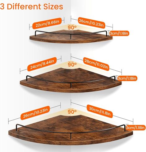 Homode Corner Shelf Wall Mounted Set of 3, Corner Floating Shelves 9/10/12 Inch Deep, Wood Round Corner Hanging Display Shelf with Guardrail for Bathroom Bedroom Kitchen Living Room, Rustic Brown in Saudi Arabia