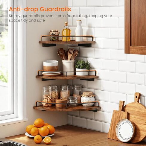 Homode Corner Shelf Wall Mounted Set of 3, Corner Floating Shelves 9/10/12 Inch Deep, Wood Round Corner Hanging Display Shelf with Guardrail for Bathroom Bedroom Kitchen Living Room, Rustic Brown in Saudi Arabia