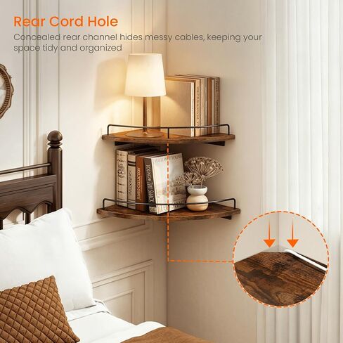 Homode Corner Shelf Wall Mounted Set of 3, Corner Floating Shelves 9/10/12 Inch Deep, Wood Round Corner Hanging Display Shelf with Guardrail for Bathroom Bedroom Kitchen Living Room, Rustic Brown in Saudi Arabia