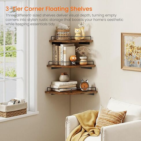 Homode Corner Shelf Wall Mounted Set of 3, Corner Floating Shelves 9/10/12 Inch Deep, Wood Round Corner Hanging Display Shelf with Guardrail for Bathroom Bedroom Kitchen Living Room, Rustic Brown in Saudi Arabia