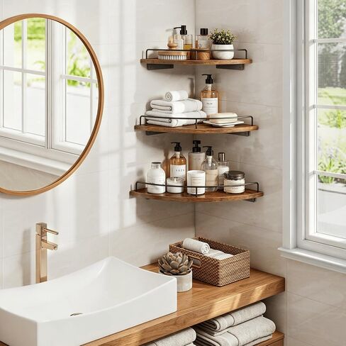 Homode Corner Shelf Wall Mounted Set of 3, Corner Floating Shelves 9/10/12 Inch Deep, Wood Round Corner Hanging Display Shelf with Guardrail for Bathroom Bedroom Kitchen Living Room, Rustic Brown in Saudi Arabia
