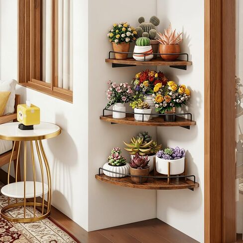 Homode Corner Shelf Wall Mounted Set of 3, Corner Floating Shelves 9/10/12 Inch Deep, Wood Round Corner Hanging Display Shelf with Guardrail for Bathroom Bedroom Kitchen Living Room, Rustic Brown in Saudi Arabia