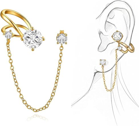 A Pair of 14K Gold Plated Chain Ear Cuff Earrings for Women - 316L Surgical Steel Post Hypoallergenic, Cubic Zirconia Crystal Tassel Drop Dangle Crawler, Non-Slip Cartilage Clip On Jewelry Gifts in Saudi Arabia