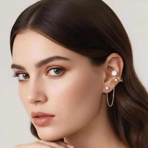 A Pair of 14K Gold Plated Chain Ear Cuff Earrings for Women - 316L Surgical Steel Post Hypoallergenic, Cubic Zirconia Crystal Tassel Drop Dangle Crawler, Non-Slip Cartilage Clip On Jewelry Gifts in Saudi Arabia