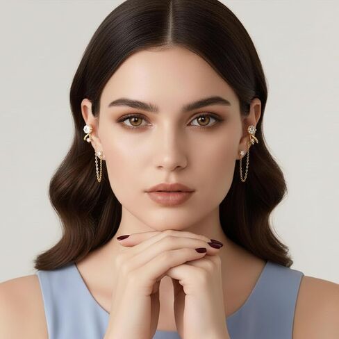 A Pair of 14K Gold Plated Chain Ear Cuff Earrings for Women - 316L Surgical Steel Post Hypoallergenic, Cubic Zirconia Crystal Tassel Drop Dangle Crawler, Non-Slip Cartilage Clip On Jewelry Gifts in Saudi Arabia