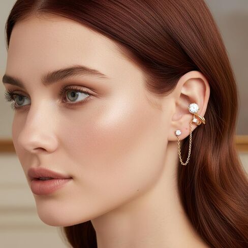 A Pair of 14K Gold Plated Chain Ear Cuff Earrings for Women - 316L Surgical Steel Post Hypoallergenic, Cubic Zirconia Crystal Tassel Drop Dangle Crawler, Non-Slip Cartilage Clip On Jewelry Gifts in Saudi Arabia