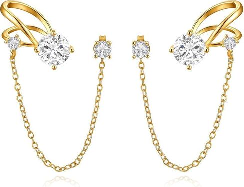 A Pair of 14K Gold Plated Chain Ear Cuff Earrings for Women - 316L Surgical Steel Post Hypoallergenic, Cubic Zirconia Crystal Tassel Drop Dangle Crawler, Non-Slip Cartilage Clip On Jewelry Gifts in Saudi Arabia