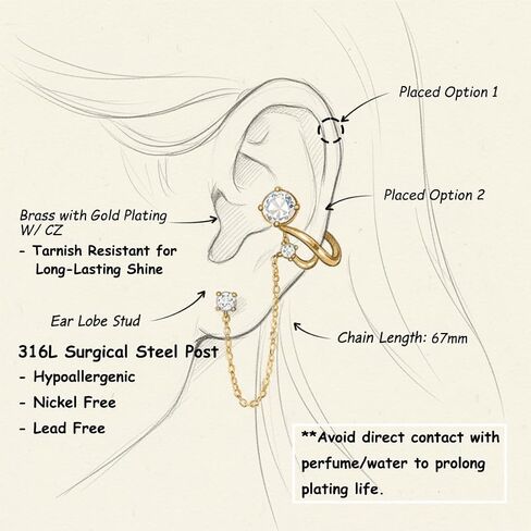 A Pair of 14K Gold Plated Chain Ear Cuff Earrings for Women - 316L Surgical Steel Post Hypoallergenic, Cubic Zirconia Crystal Tassel Drop Dangle Crawler, Non-Slip Cartilage Clip On Jewelry Gifts in Saudi Arabia